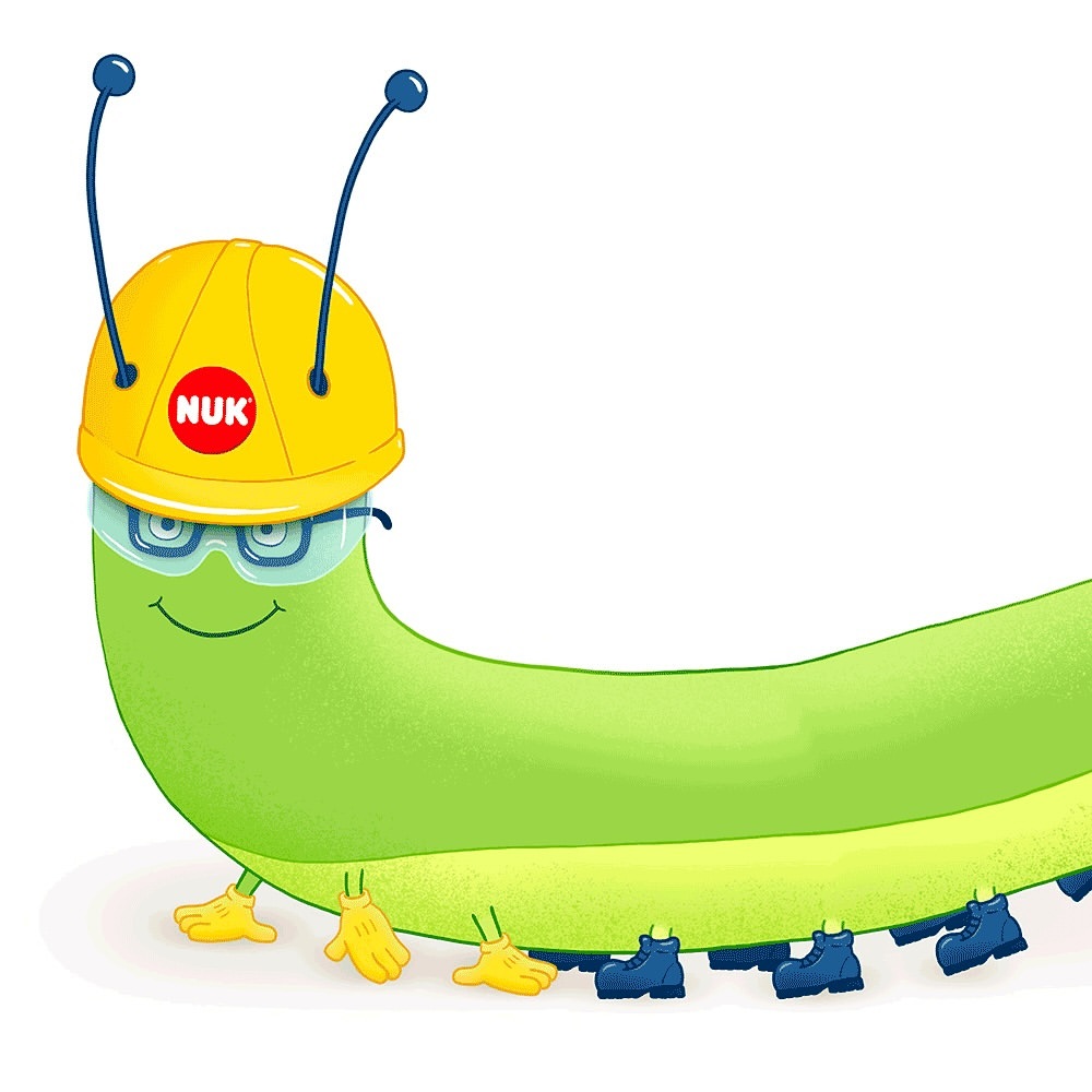 Illustration of a cartoon caterpillar wearing a yellow construction helmet and safety glasses, with blue boots and yellow gloves.