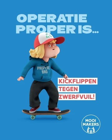 Animated 3D character on a skateboard wearing a baseball cap and hoodie in a digital illustration for an environmental campaign.