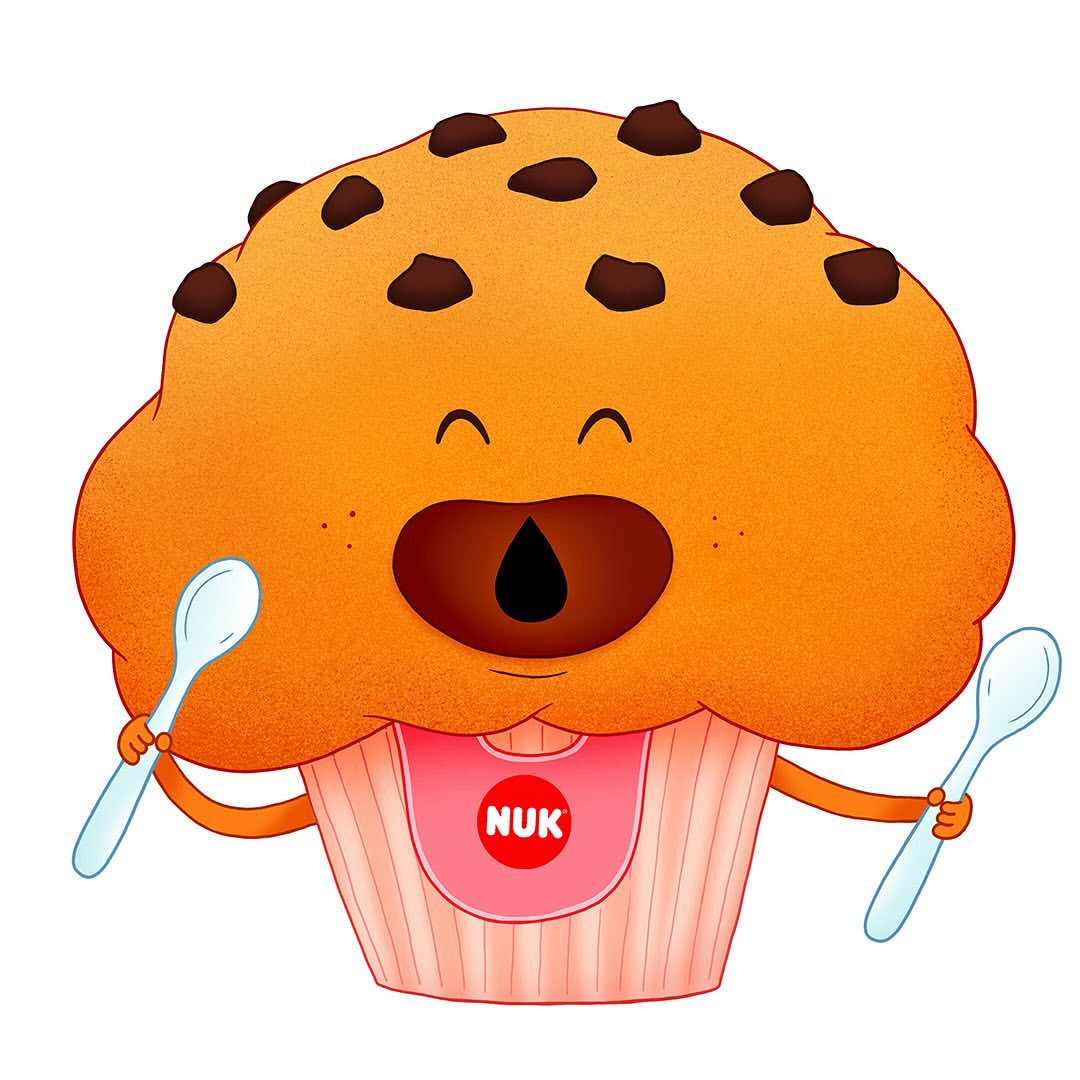 A cartoon illustration of a muffin with a smiling face, chocolate chips, and arms holding spoons, set against a white background.