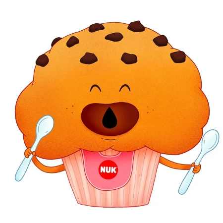 A cartoon illustration of a muffin with a smiling face, chocolate chips, and arms holding spoons, set against a white background.
