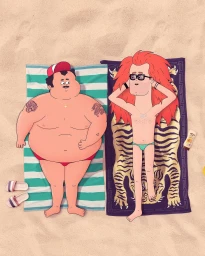 Top-down illustrated beach scene by Kristof Luyckx featuring two men relaxing on towels spread out on sandy ground.