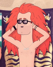Illustration of a male character with voluminous bright orange hair and square glasses wearing a silver necklace reading Danny
