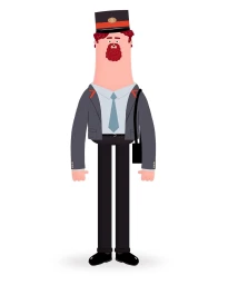 Illustrated character of a man with a red beard wearing a uniform and hat by Kristof Luyckx against a white background