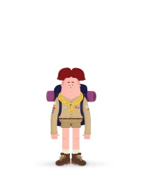 Digital vector illustration of a cartoon scout with red hair wearing a beige uniform, backpack, and hiking boots.