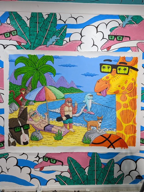 Whimsical illustration: cartoon animals wear sunglasses on a beach with a giraffe, dog, monkey, gorilla, and lounging human.