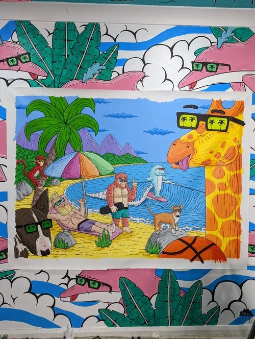 Colorful illustration of beach animals wearing sunglasses by illustrator Mulga featuring a giraffe, dog, gorilla, and surfing shark.