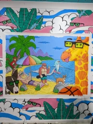 Colorful illustration of beach animals wearing sunglasses by illustrator Mulga featuring a giraffe, dog, gorilla, and surfing shark.