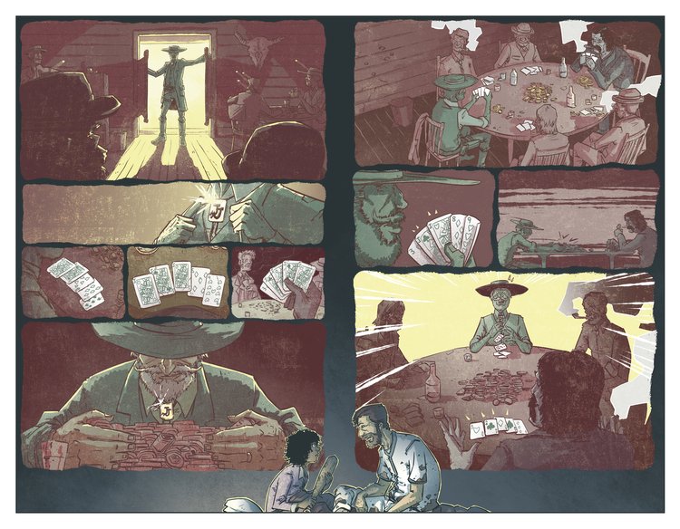 Comic book panel illustration of a Western scene with men playing poker, a cowboy standing in a doorway, and a man holding money.
