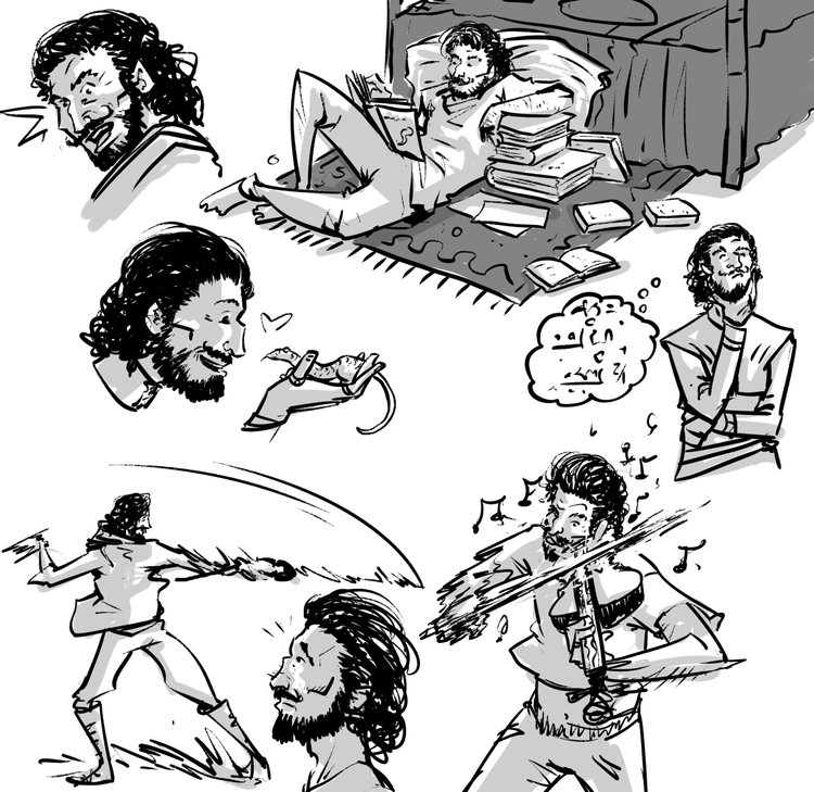 Illustration of a man in various poses and activities: reading, playing violin, fencing, holding a rat, thinking, and expressing himself.
