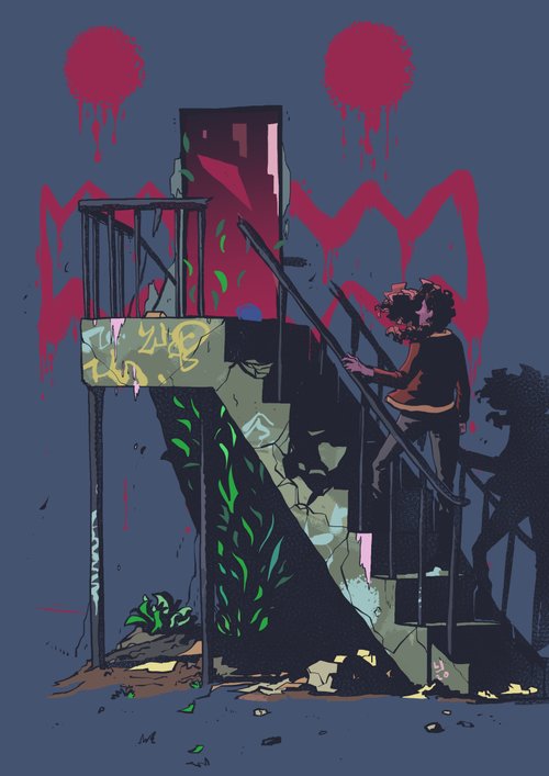 Illustration of a person climbing stairs outside a building with graffiti and overgrown vegetation, stylized art with a dark color palette.