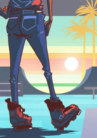 Illustration of an androgynous human with inline skates standing in front of a vibrant sunset scene with palm trees and a skate park.