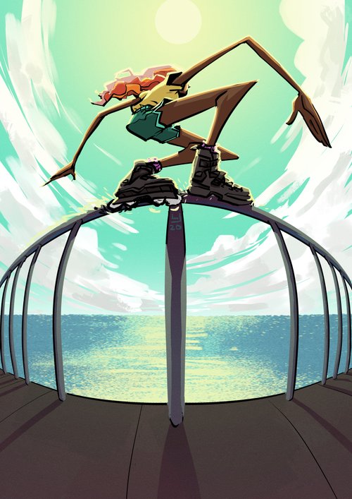 Illustration of a woman on roller skates balancing on a railing with an ocean and sky background, rendered in a bright, cartoon style.