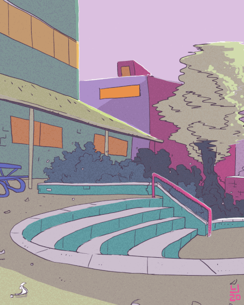 Cartoon illustration of an outdoor amphitheater with teal steps in front of buildings and trees under a pink sky.
