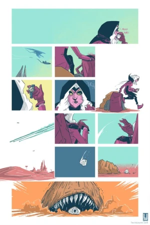 Illustrated comic book panel layout featuring a hooded character and alien landscape in a surreal sci-fi scene with an orange sky.