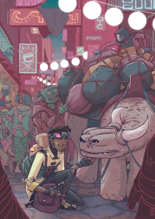 Illustration of a kneeling man holding the face of a large, ridged creature with a child on his back, set in a crowded futuristic city.