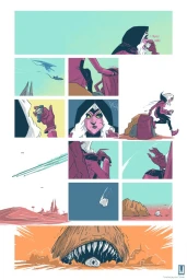 Comic book panel illustration by Louie Joyce showing a hooded character dropping an object into a creature's mouth in a desert landscape