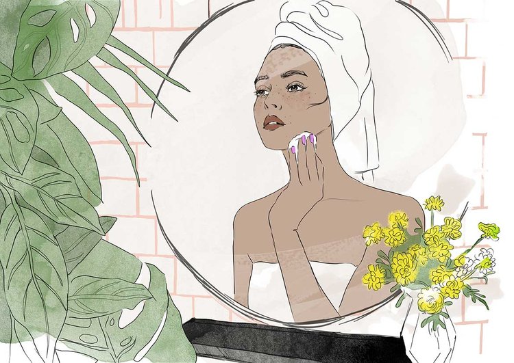 Illustration of a woman in a towel using a cotton pad in front of a bathroom mirror, with tropical plants and yellow flowers nearby.