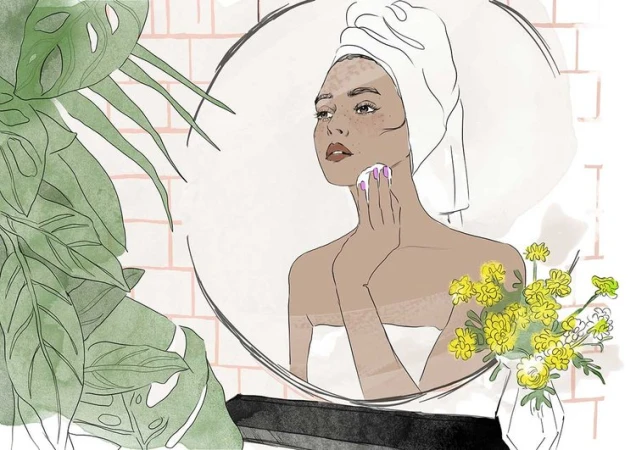 Illustration of a woman in a towel using a cotton pad in front of a bathroom mirror, with tropical plants and yellow flowers nearby.