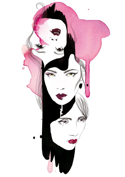 Illustration featuring three faces of women with watercolor accents in pink and black against a white background. Beauty and fashion concept.