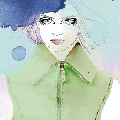 Illustration of a woman with a high collar jacket, rendered in watercolor style with a mix of detailed linework and abstract washes.
