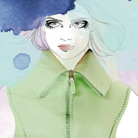 Illustration of a woman with a high collar jacket, rendered in watercolor style with a mix of detailed linework and abstract washes.