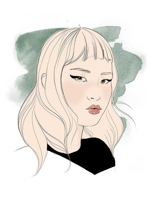 Illustration of a woman with blonde hair and winged eyeliner looking at the viewer against a textured green and white background.