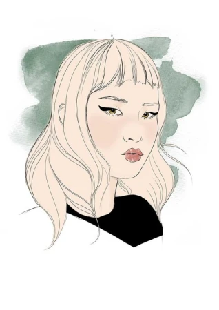 Illustration of a woman with blonde hair and winged eyeliner looking at the viewer against a textured green and white background.