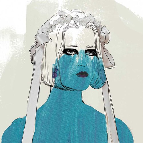 Illustration of a woman with blue skin, dark eye makeup, and white floral headpiece against an off-white textured background.