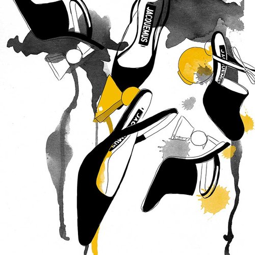 Illustration of black Jacquemus heels with yellow accents against a white background with ink splatter details, creating a fashion-forward image.