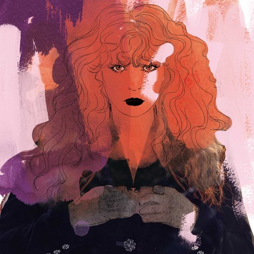 Illustration of a red-haired woman with dark lipstick wearing a collared shirt with jeweled embellishments against a pink backdrop.