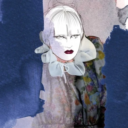 Illustration of a fair-skinned adult female with dark red lipstick, wearing a floral dress with a large white ruffle collar.
