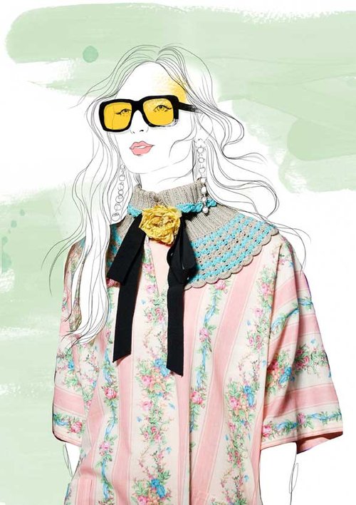 Illustration of a person with blonde wavy hair wearing sunglasses, earrings, and a floral print top with a crocheted collar.