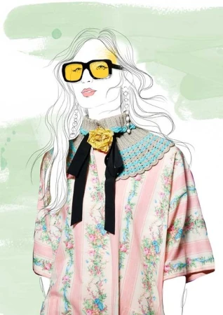 Illustration of a person with blonde wavy hair wearing sunglasses, earrings, and a floral print top with a crocheted collar.