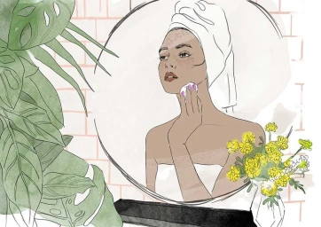 Digital illustration of a woman with a towel on her head applying skincare in a round mirror, by Judit Garcia-Talavera