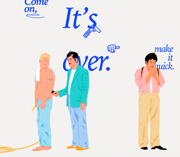 Illustration of two men in a tense standoff, one pointing a gun at the other's rear, with the words 'It's over' in blue text.