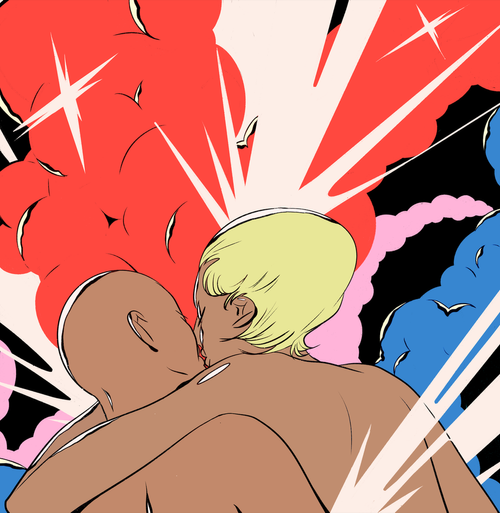 Illustration of a couple embracing, featuring stylized, colorful shapes in the background, creating a dynamic and intimate art piece.