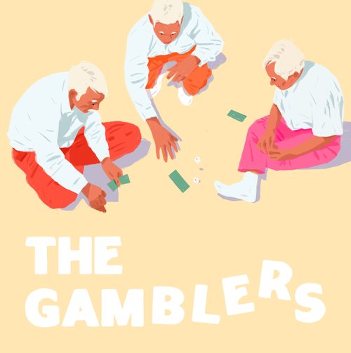 Illustration depicting three elderly figures seated on the floor, engaged in a game involving dice and cash, presented in a cartoon style.