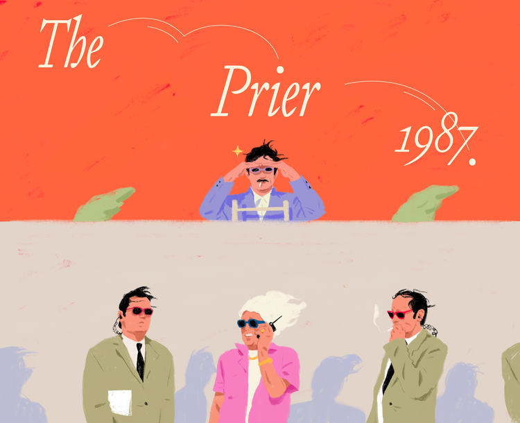 Illustration featuring a lineup of sunglass-wearing figures against an orange backdrop with the text 'The Prier 1987'.