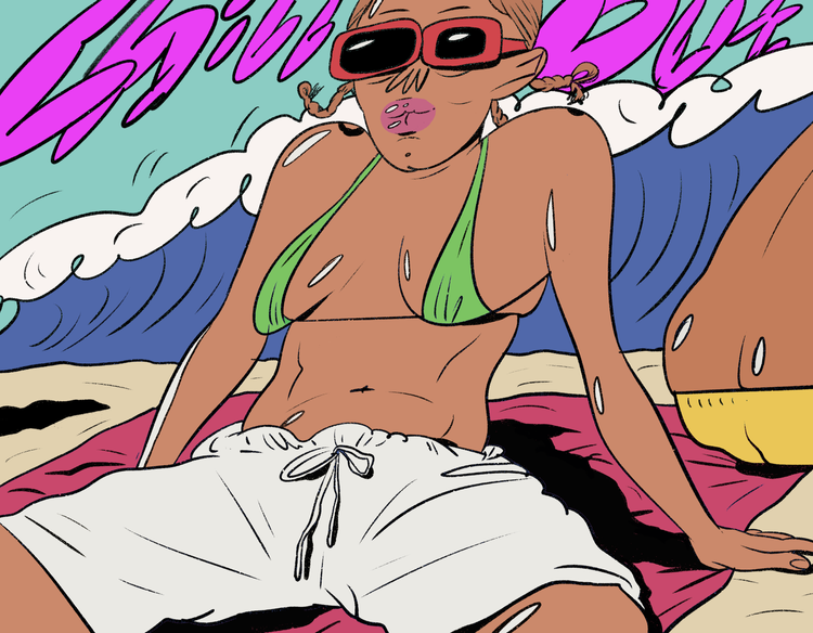 Illustration of a woman in a green bikini top and white shorts sitting on a beach, with ocean waves and the text "Chill Out".