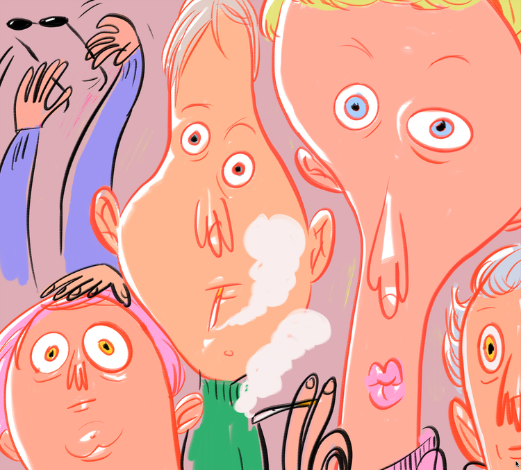 Illustration of group of people with cartoonish features, showing stylized character design and exaggerated facial expressions.