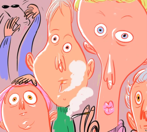 Illustration of group of people with cartoonish features, showing stylized character design and exaggerated facial expressions.