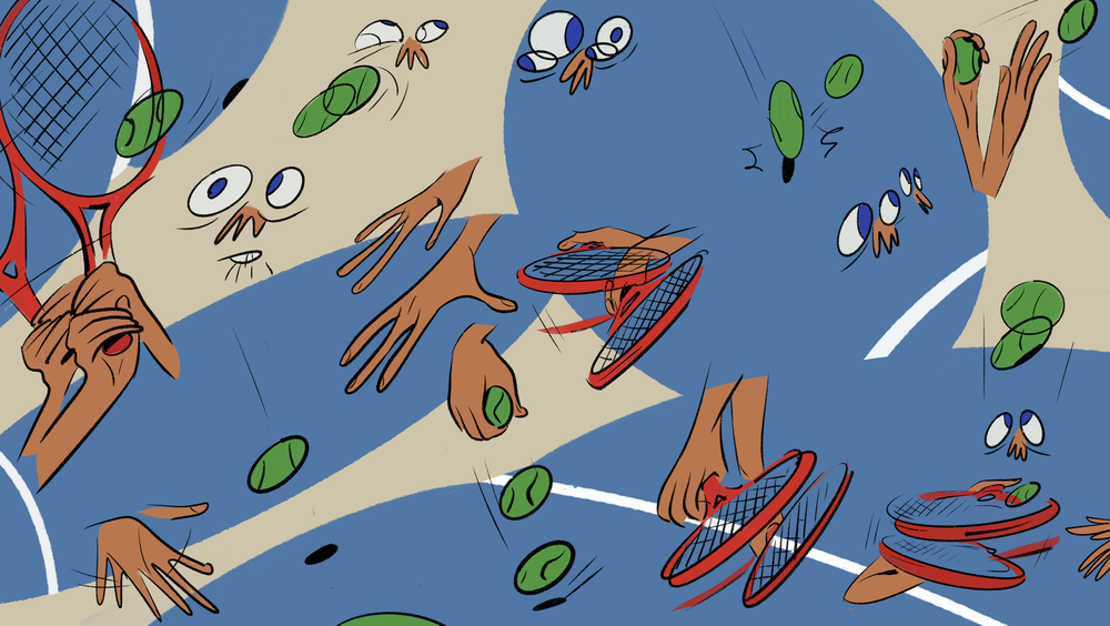 Whimsical cartoon art featuring tennis racquets, tennis balls, hands, eyes, and facial features floating against a blue and tan backdrop.