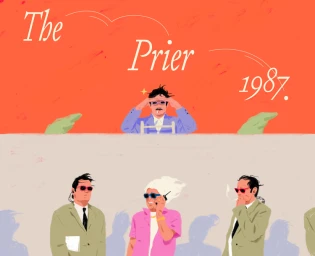 Illustrated group of people in suits and sunglasses against a vibrant orange and beige background by Cleo Peng