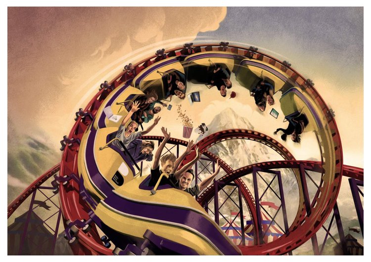 Illustration of a group of people riding a colorful roller coaster with their arms raised against a backdrop of mountains and sky.