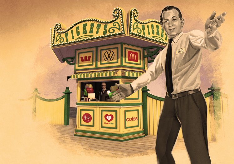 Illustration of a man standing next to a ticket booth with logos of various companies like McDonalds, Volkswagen, and Coles.