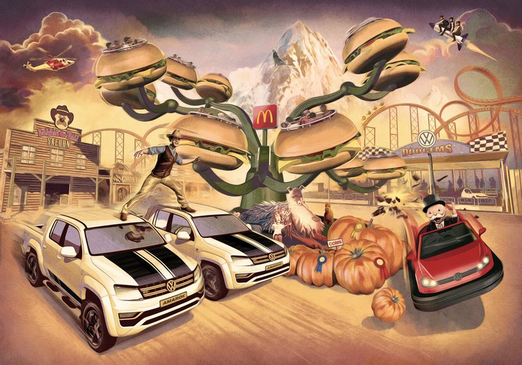 Illustration featuring two pickup trucks, a man standing on one, a food tree, a roller coaster, and various other elements in an amusement park setting.