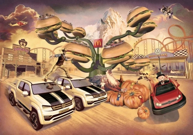 Illustration featuring two pickup trucks, a man standing on one, a food tree, a roller coaster, and various other elements in an amusement park setting.