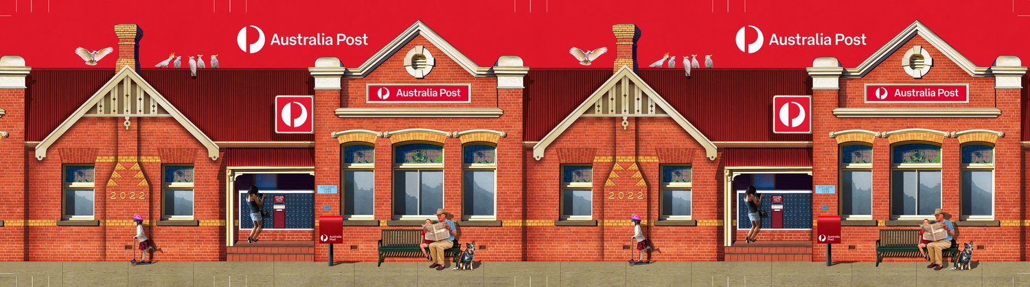 Charming illustrative scene of a vintage Australia Post building, featuring people, birds, and architectural details in rich, warm colors.