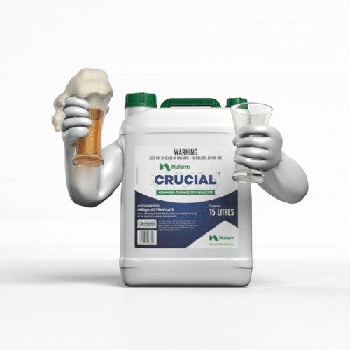 Cartoon rendering of a herbicide jug with cartoon arms holding a beer mug and an empty glass on a white seamless background.