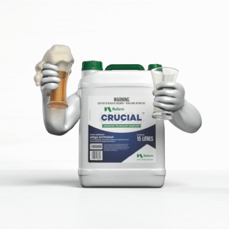 Cartoon rendering of a herbicide jug with cartoon arms holding a beer mug and an empty glass on a white seamless background.